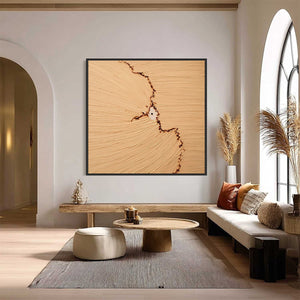 Original Wabi-Sabi textured abstract painting, beige impasto with fissure.