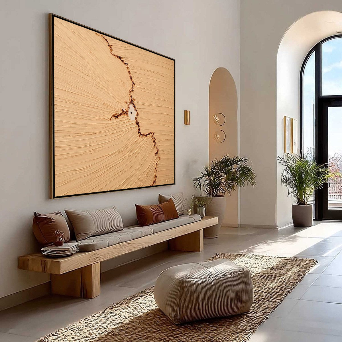 Original Wabi-Sabi abstract painting, beige impasto with fissure, handmade modern wall art.