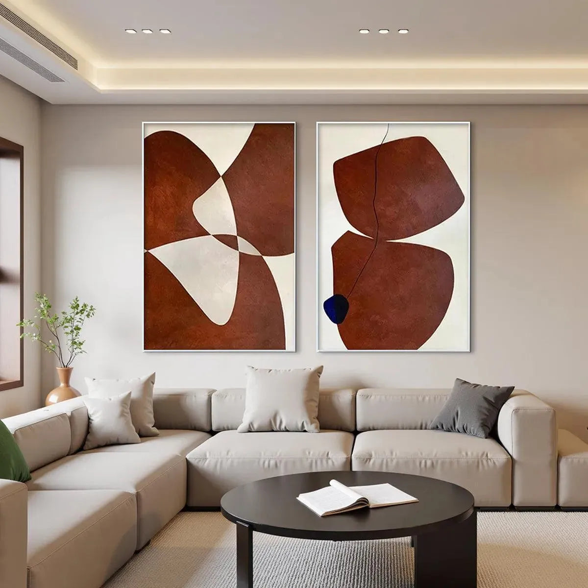 Brown abstract diptych wall art set of 2 vertical paintings with organic shapes in brown and off-white, gold frames