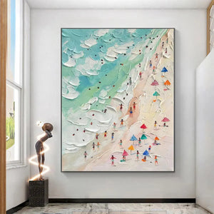 Vertical impasto beach painting with colorful umbrellas and figures. Textured art by Isabella Rossi.