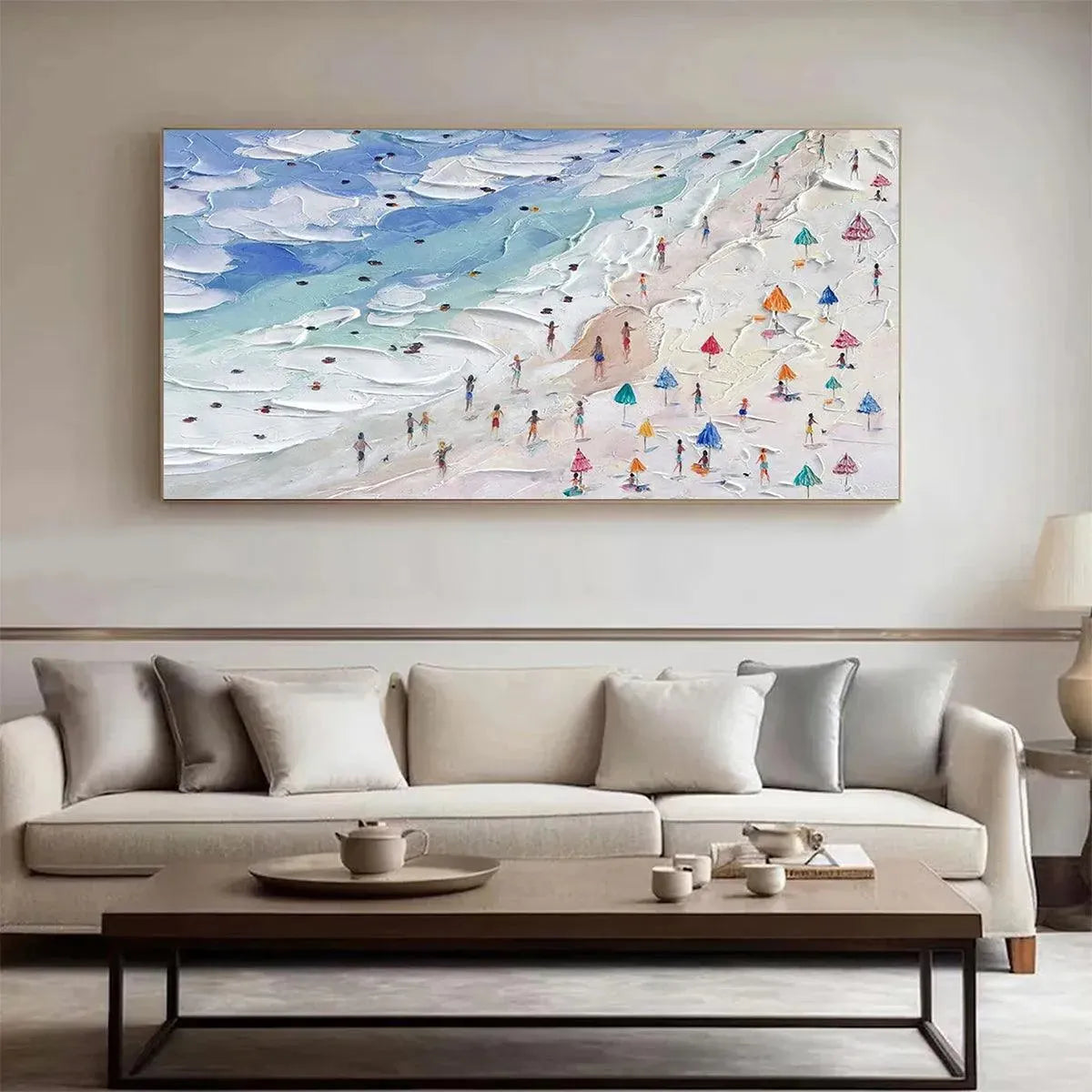 Beach Day Vibes painting by Liam O'Connell: Textured beach scene with figures and vibrant umbrellas, horizontal wall art.