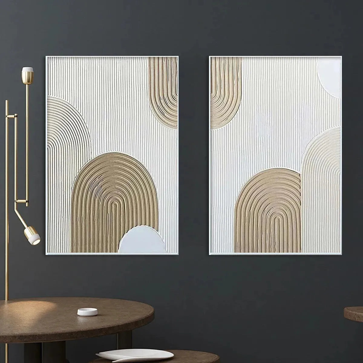Isabella Rossi Beige Textured Arches Diptych: Abstract art with textured arches, neutral tones, modern wall decor, set of 2.