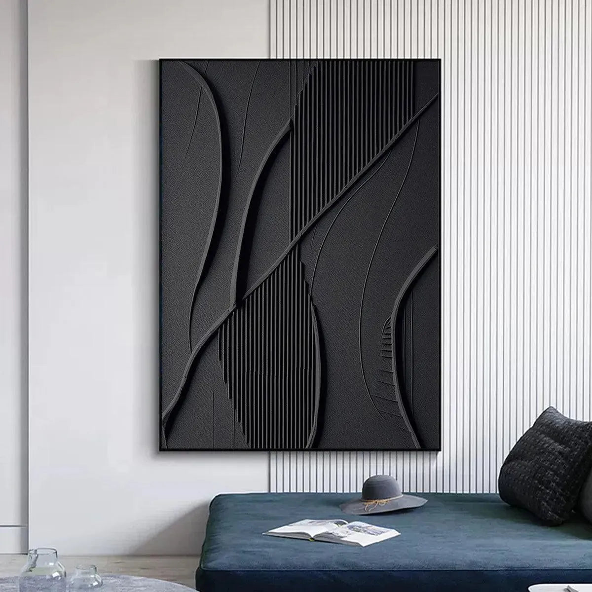 Minimalist black textured abstract painting by Javier Ramirez, modern wall decor for living room. Deep black artwork