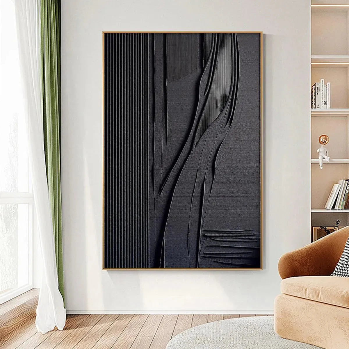 Black textured lines and curves abstract painting by Javier Ramirez, minimalist modern art, gold framed, for wall decor