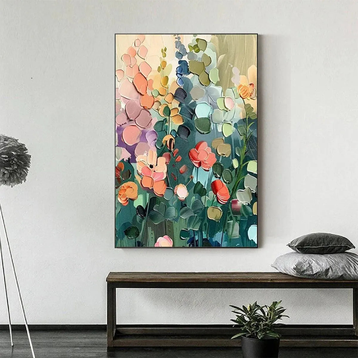 Blooming Meadow: Textured Floral Painting | Colorful Wildflower Wall Art | Vertical Canvas | Impasto Decor