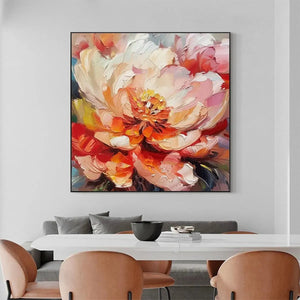 Textured impasto painting of a pink and orange peony, "BLOOMING PEONY" by Isabella Rossi, displayed in a dining room setting.