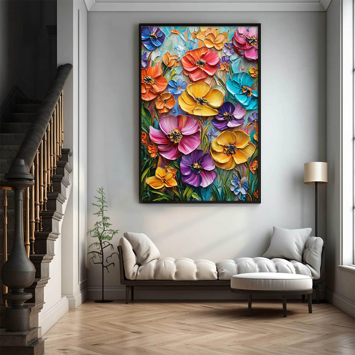 Blooming Rhapsody: Colorful Impasto Floral Oil Painting Canvas