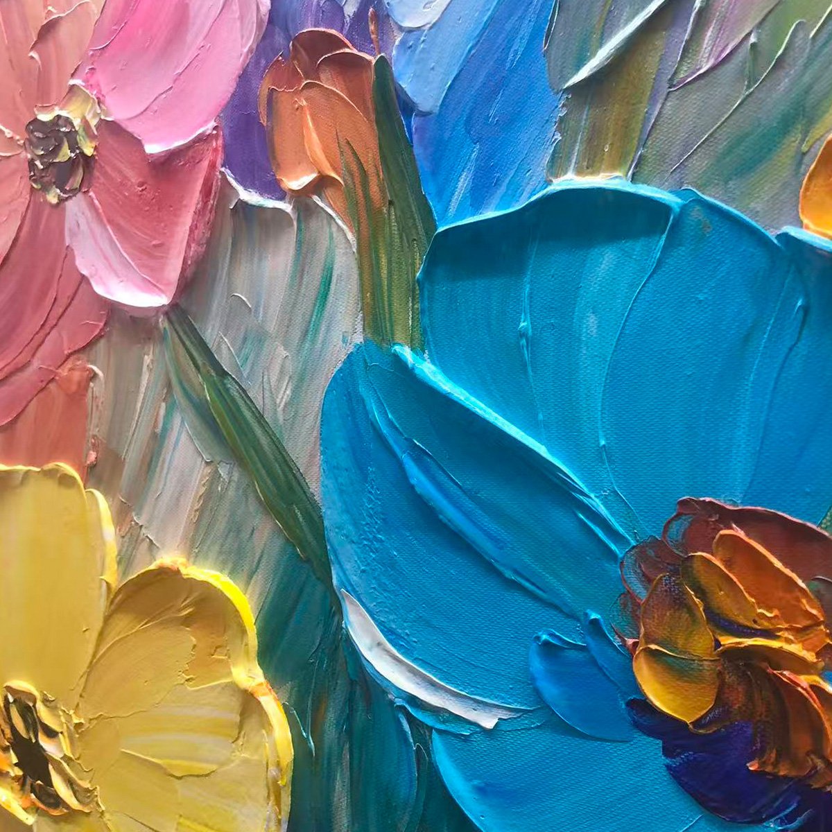 Blooming Rhapsody: Colorful Impasto Floral Oil Painting Canvas