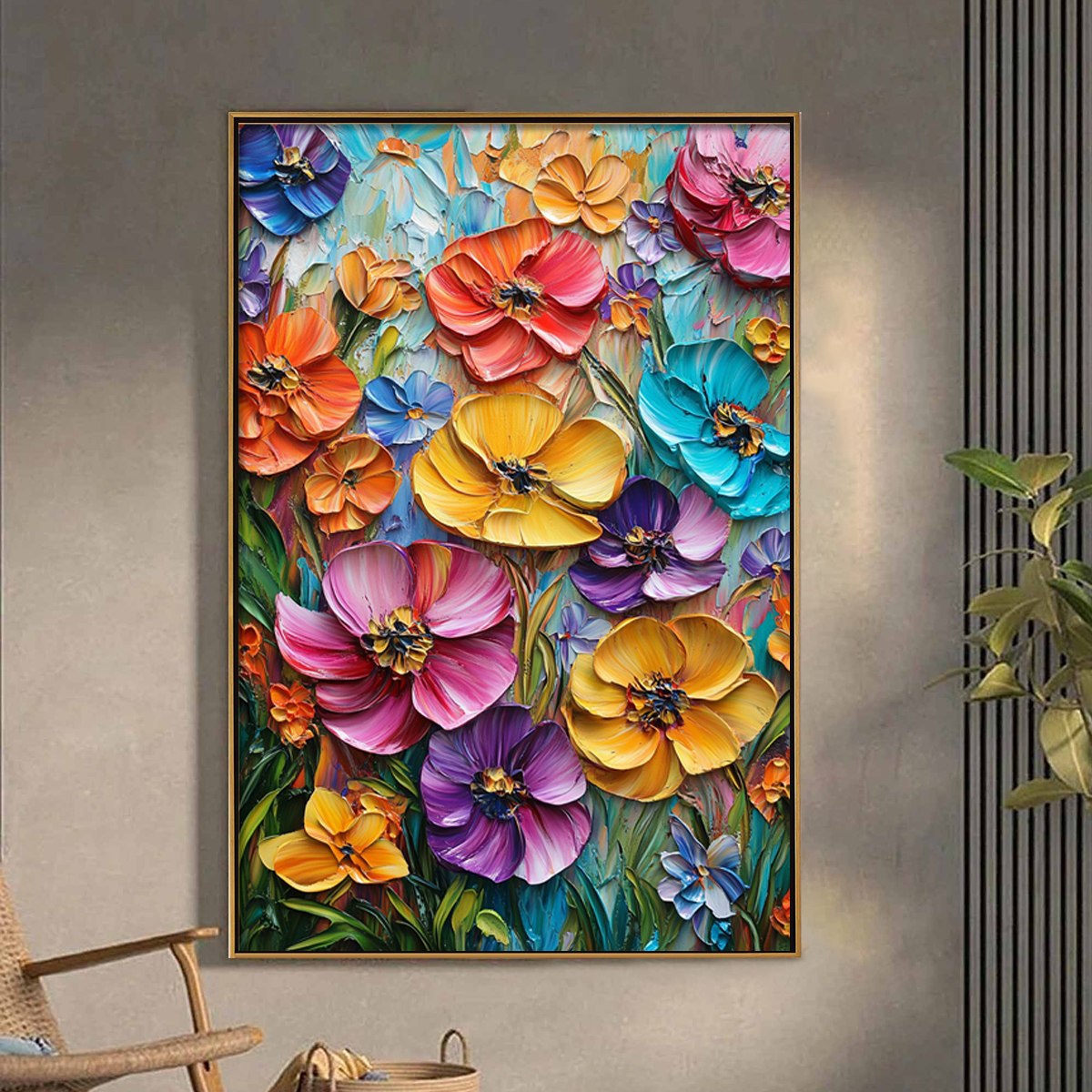 Blooming Rhapsody: Colorful Impasto Floral Oil Painting Canvas
