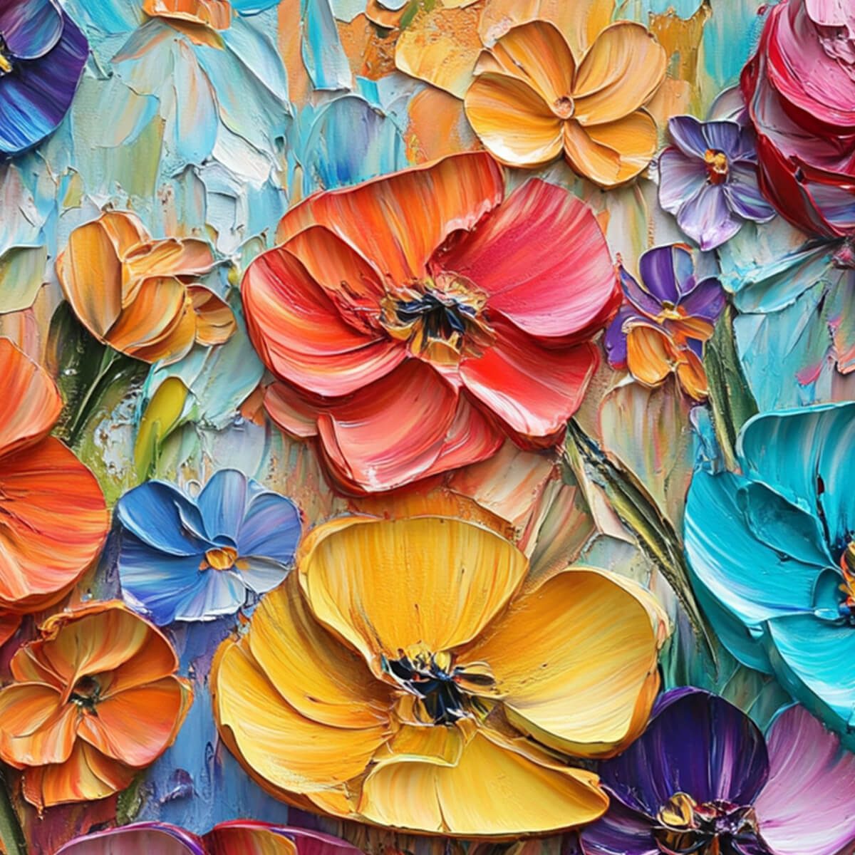 BLOOMING RHAPSODY: Colorful Impasto Floral Oil Painting