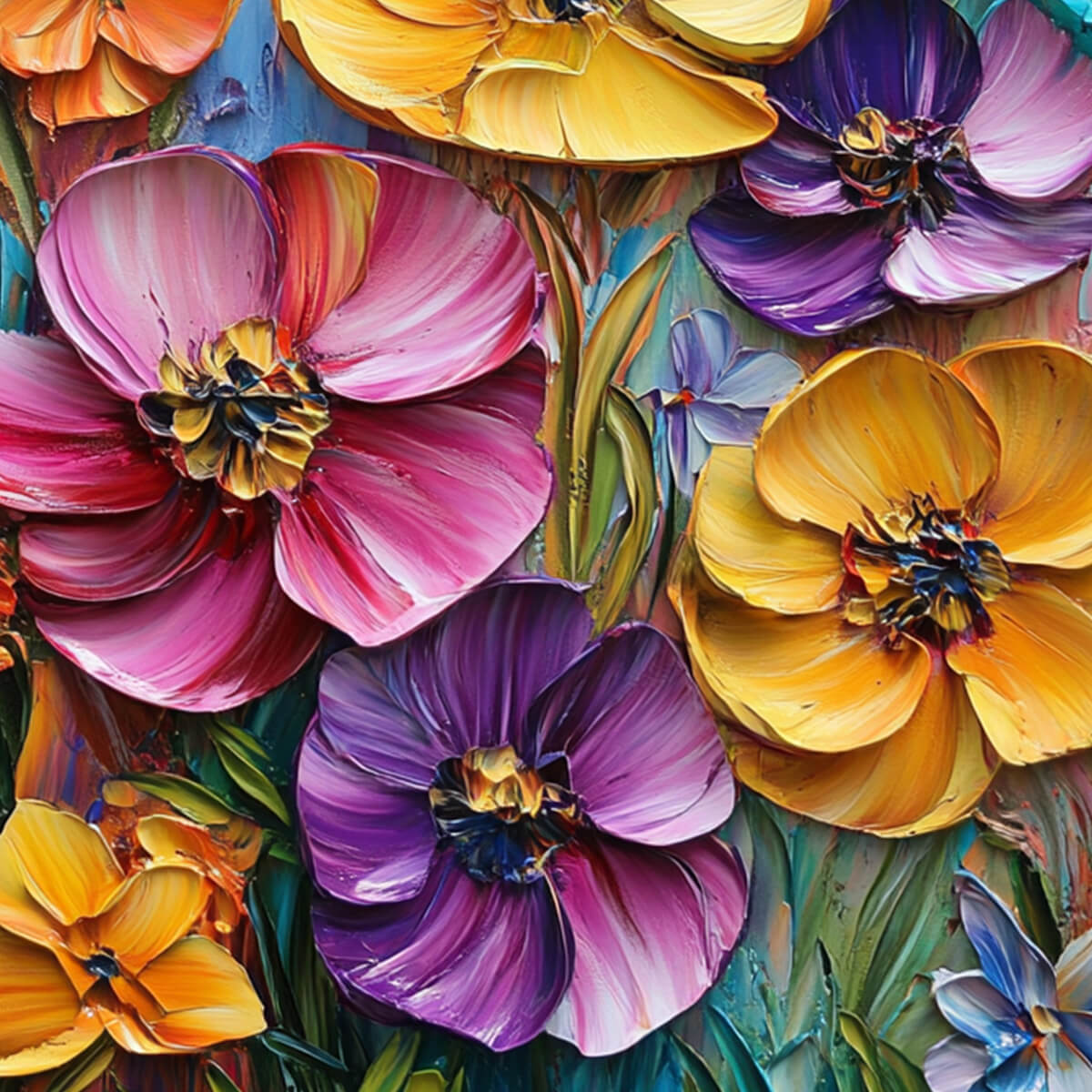 BLOOMING RHAPSODY: Colorful Impasto Floral Oil Painting