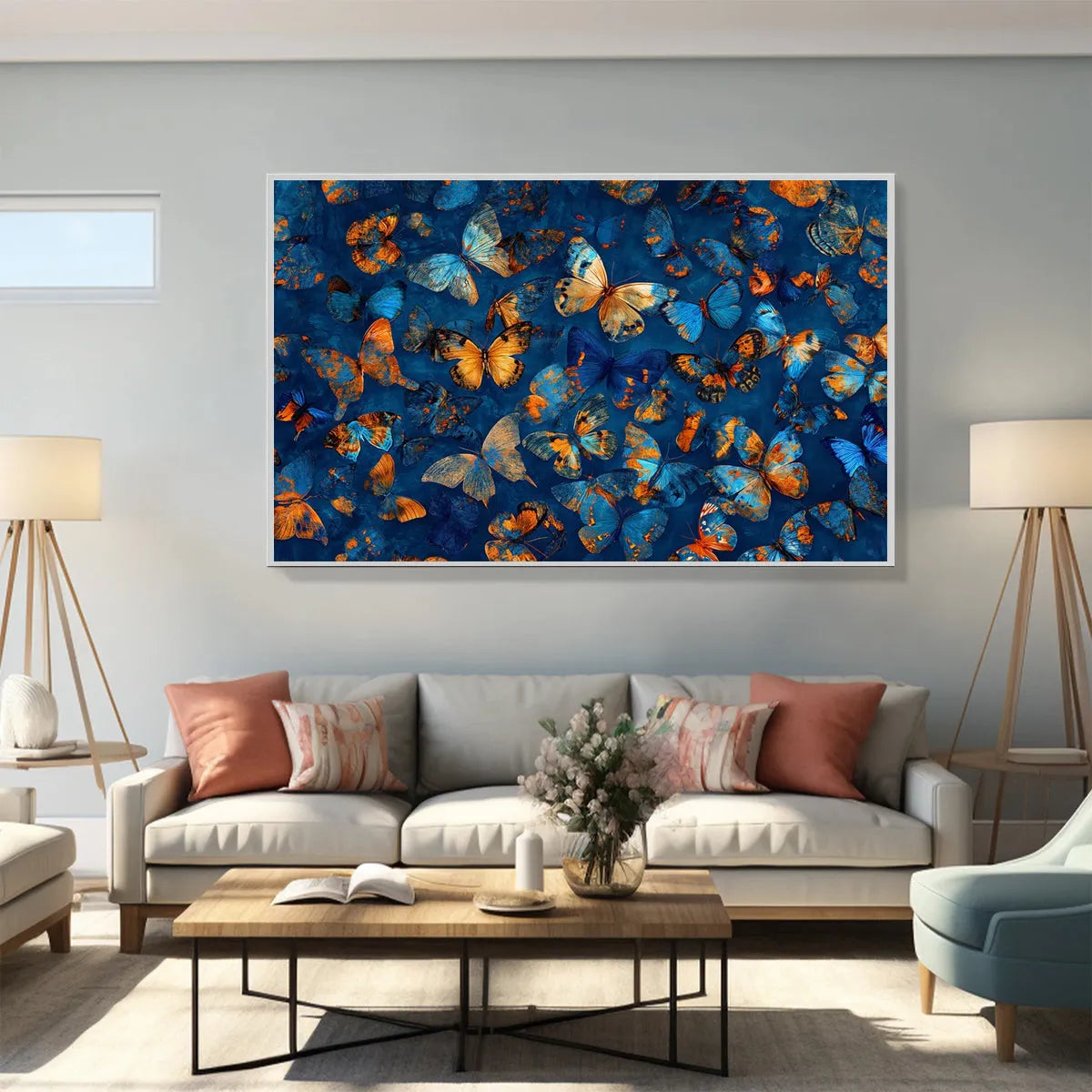 BLUE MORPHO WALTZ: Blue & Gold Butterfly Oil Painting on Canvas