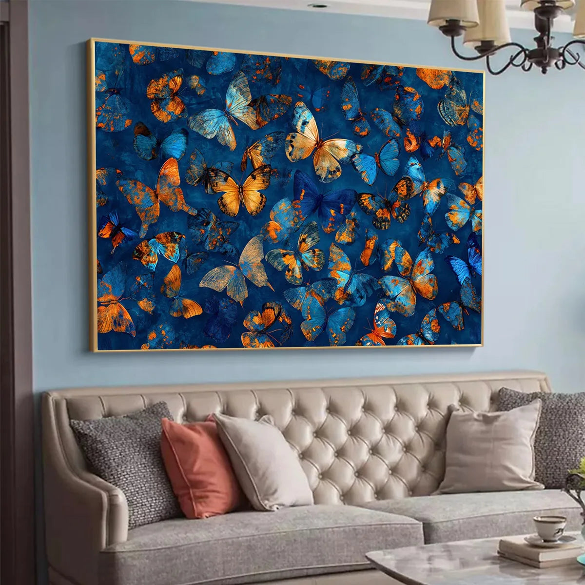 Blue Morpho Waltz: Blue & Gold Butterfly Oil Painting Canvas Wall Art