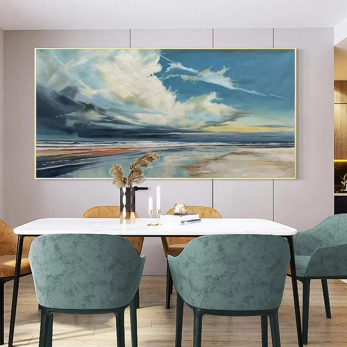 Blue Beachscape Oil Painting - Serene Coastal Wall Art for Home Decor