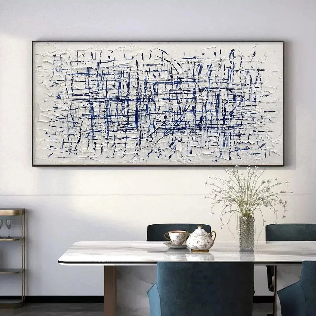 Javier Ramirez BLUE GRID abstract painting with textured white and blue lines, framed. Modern dining room art.