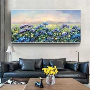 Blue Ridge Dawn: Panoramic Landscape Oil Painting with Hydrangeas and Sunrise on Canvas