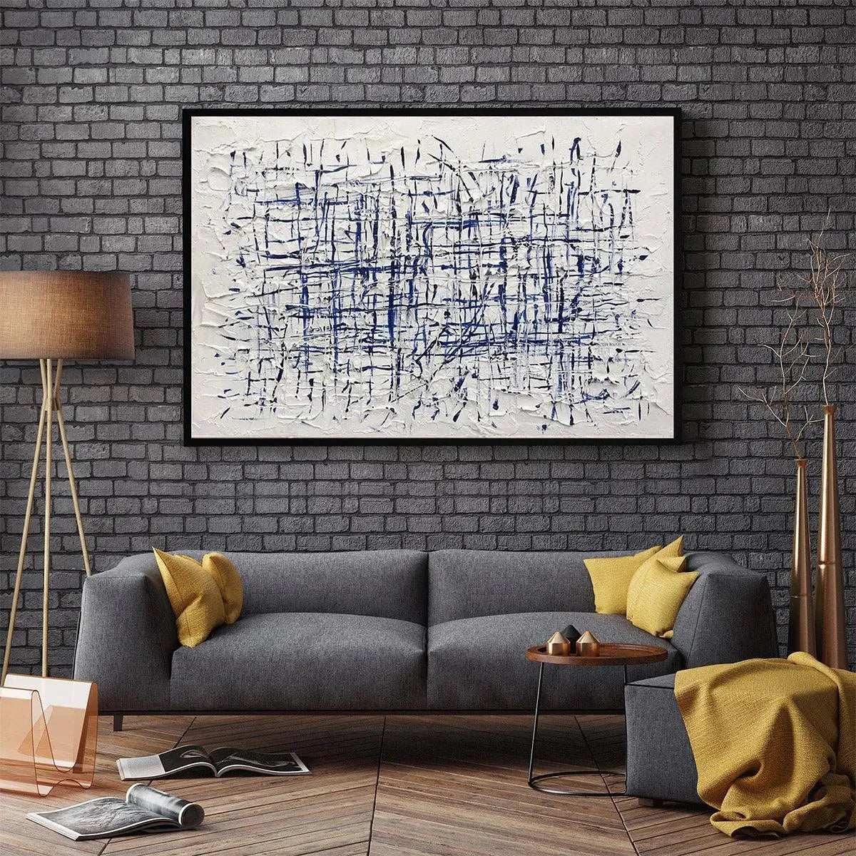 Blue Weave abstract painting by Javier Ramirez, blue and white textured artwork, modern living room decor.