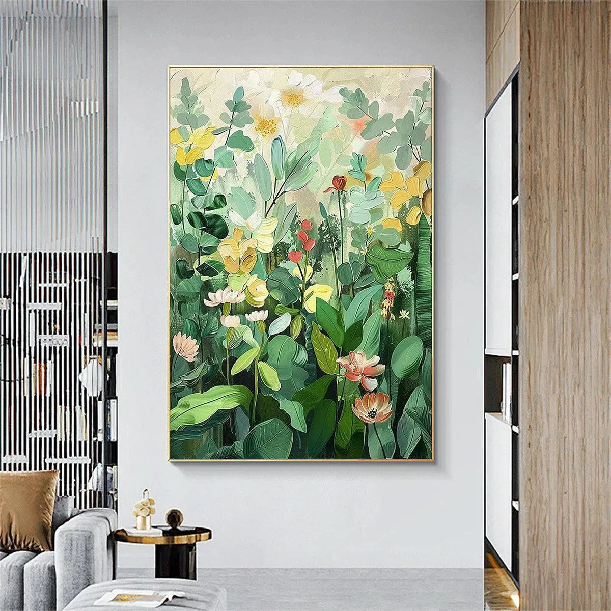 Original handmade oil painting: Botanical Garden. Vertical green, yellow, pink floral wall art in modern living room.