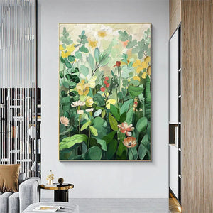 Vertical botanical garden painting with green, yellow, and white flowers. Impressionistic artwork by Elodie Dubois.