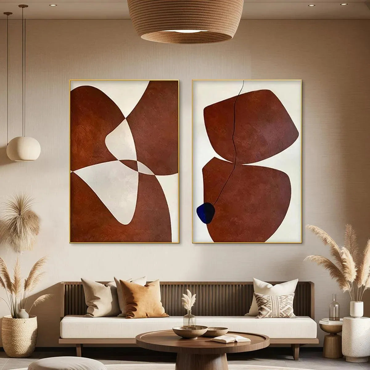 Set of 2 brown abstract vertical paintings, minimalist diptych with organic shapes and subtle blue accent, modern wall art.