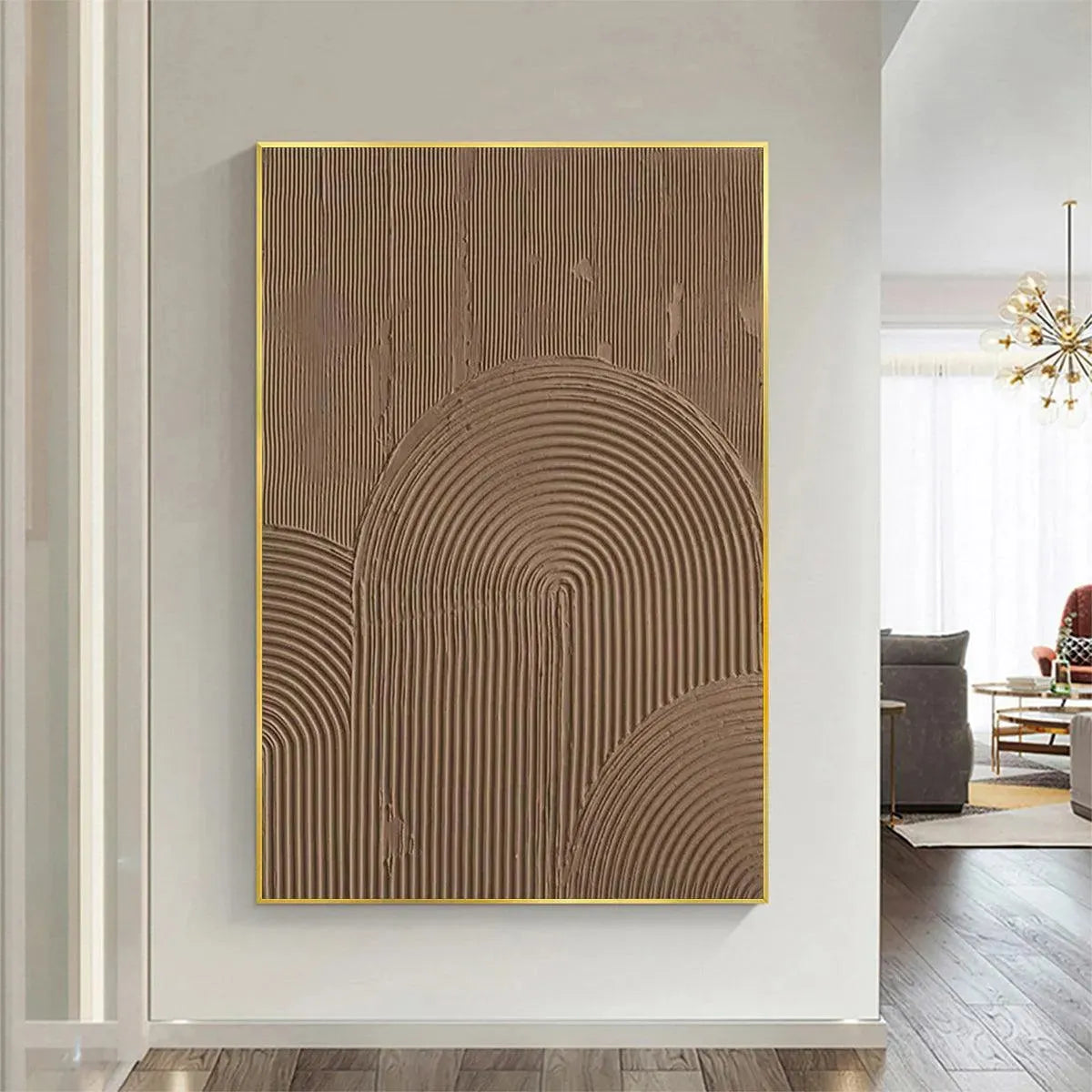 Javier Ramirez Brown Textured Arch painting, textured brown arches, gold frame, abstract artwork.