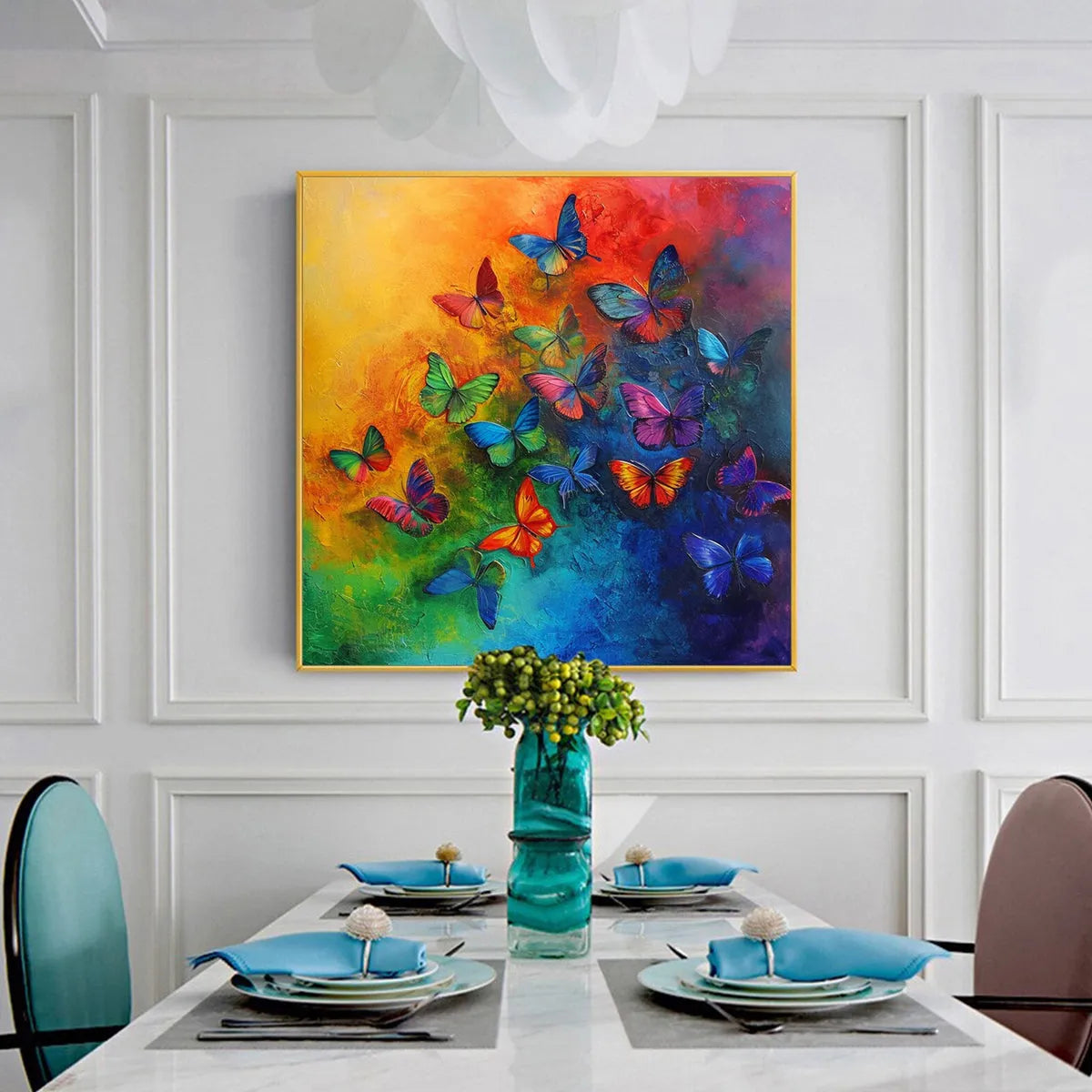 BUTTERFLY RAINBOW: Square Colorful Butterfly Oil Painting on Canvas