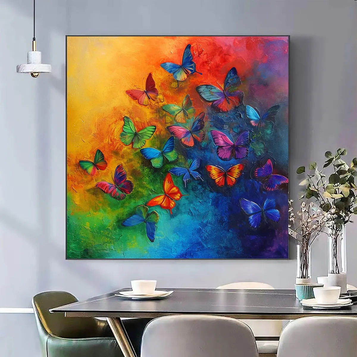 Butterfly Rainbow: Square Colorful Butterfly Oil Painting Canvas Wall Art