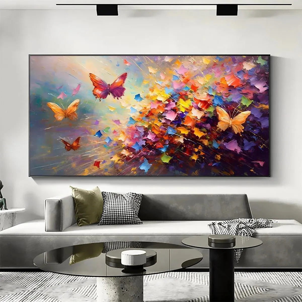 Butterfly Flight canvas art by Willow Davies: Colorful butterflies in vibrant abstract painting, modern home decor, framed.