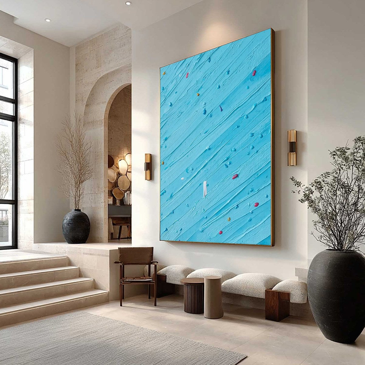 Playful blue textured abstract impasto painting with confetti dots, modern wall art.