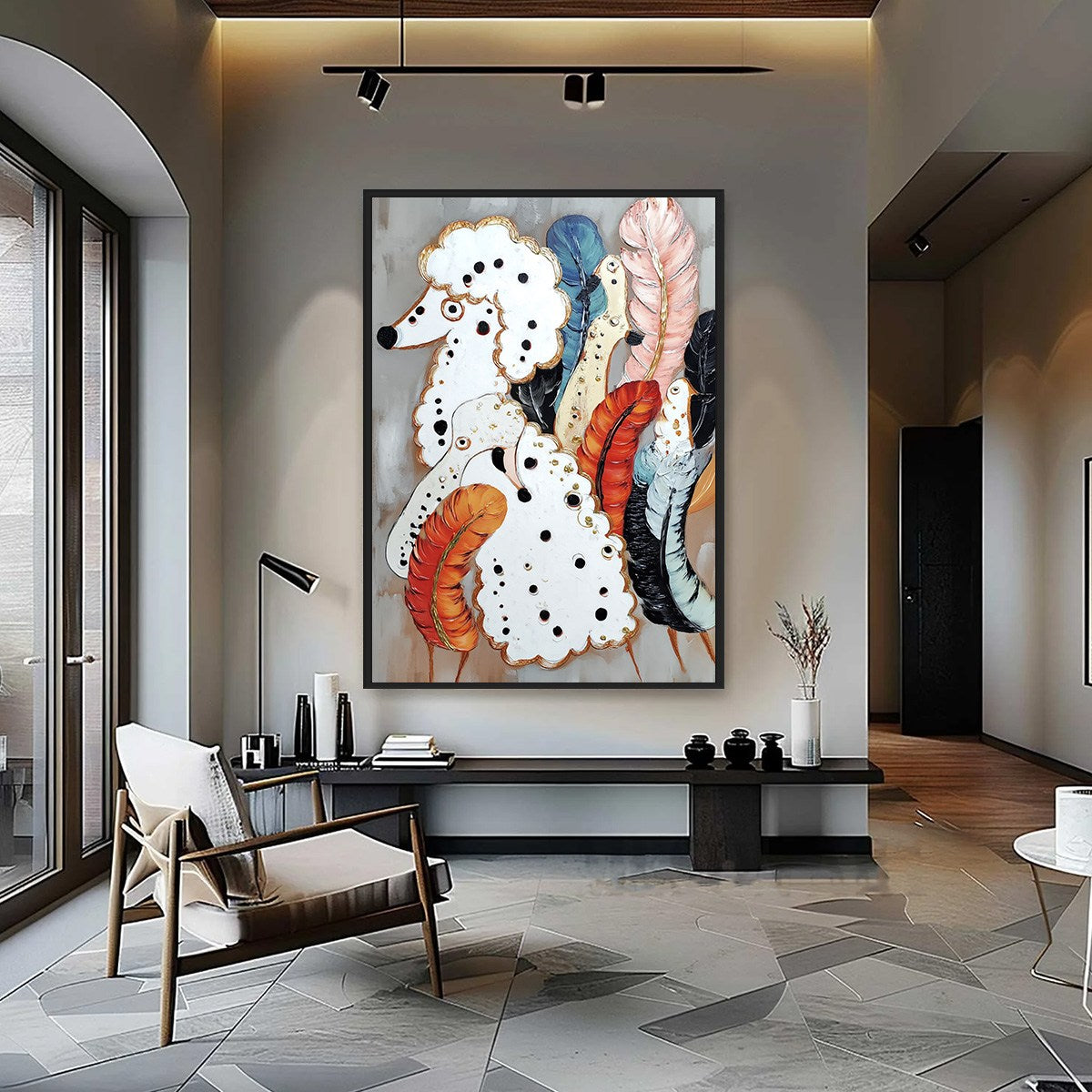 CANINE COUTURE: Whimsical Abstract Poodle and Feather Painting