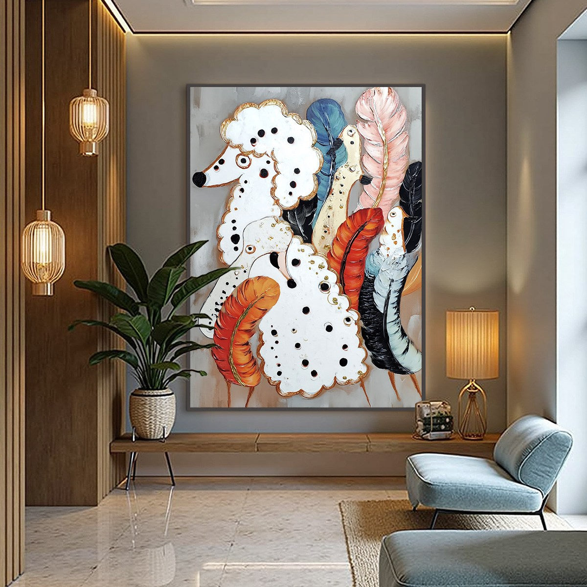 CANINE COUTURE: Whimsical Abstract Poodle and Feather Painting