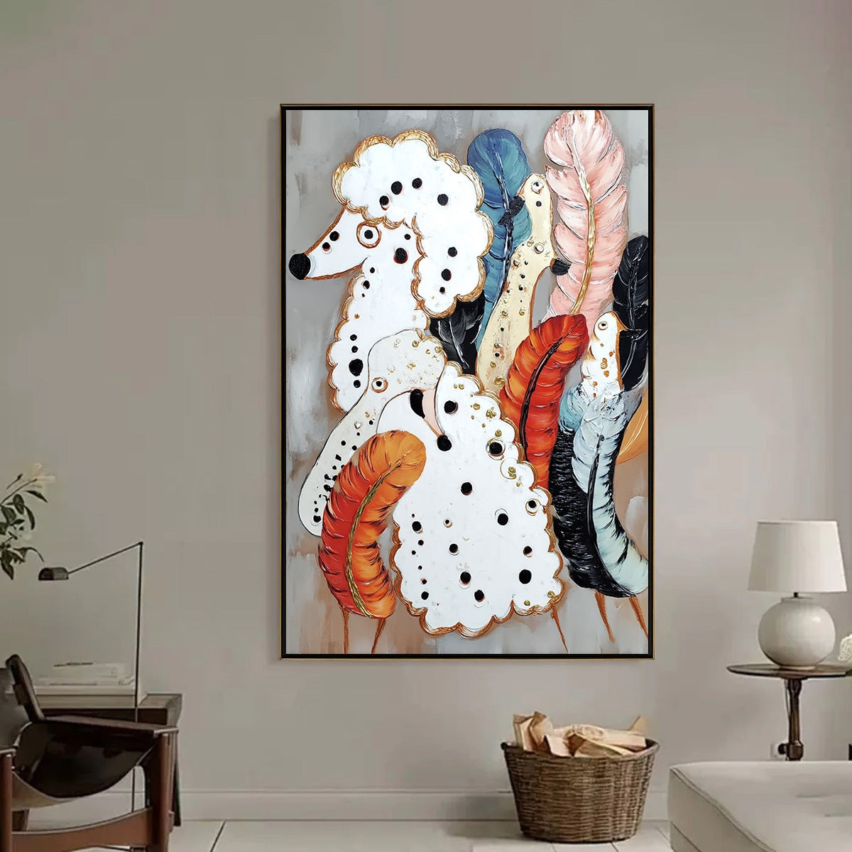 CANINE COUTURE: Whimsical Abstract Poodle and Feather Painting