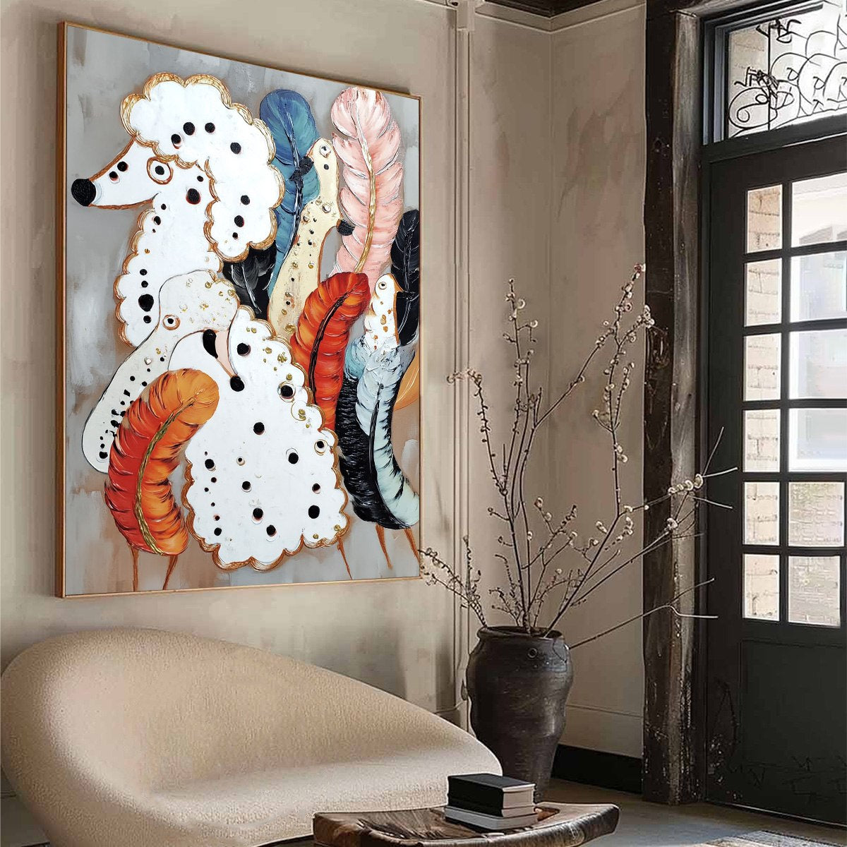 CANINE COUTURE: Whimsical Abstract Poodle and Feather Painting