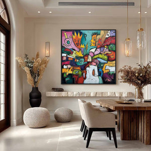 CARNIVAL OF KINGS: Vibrant Square Abstract Figurative Painting