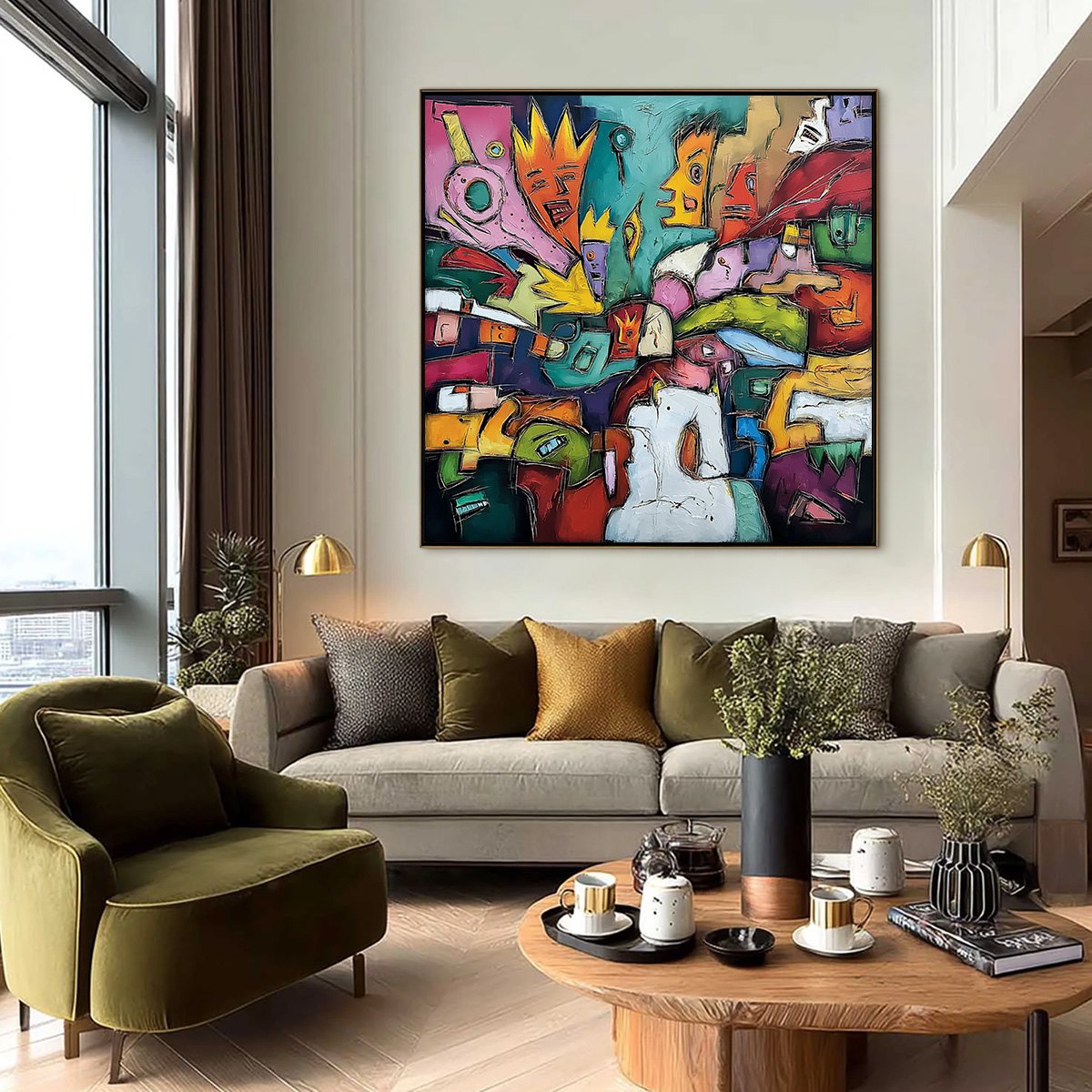 CARNIVAL OF KINGS: Vibrant Square Abstract Figurative Painting
