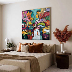 CARNIVAL OF KINGS: Vibrant Square Abstract Figurative Painting