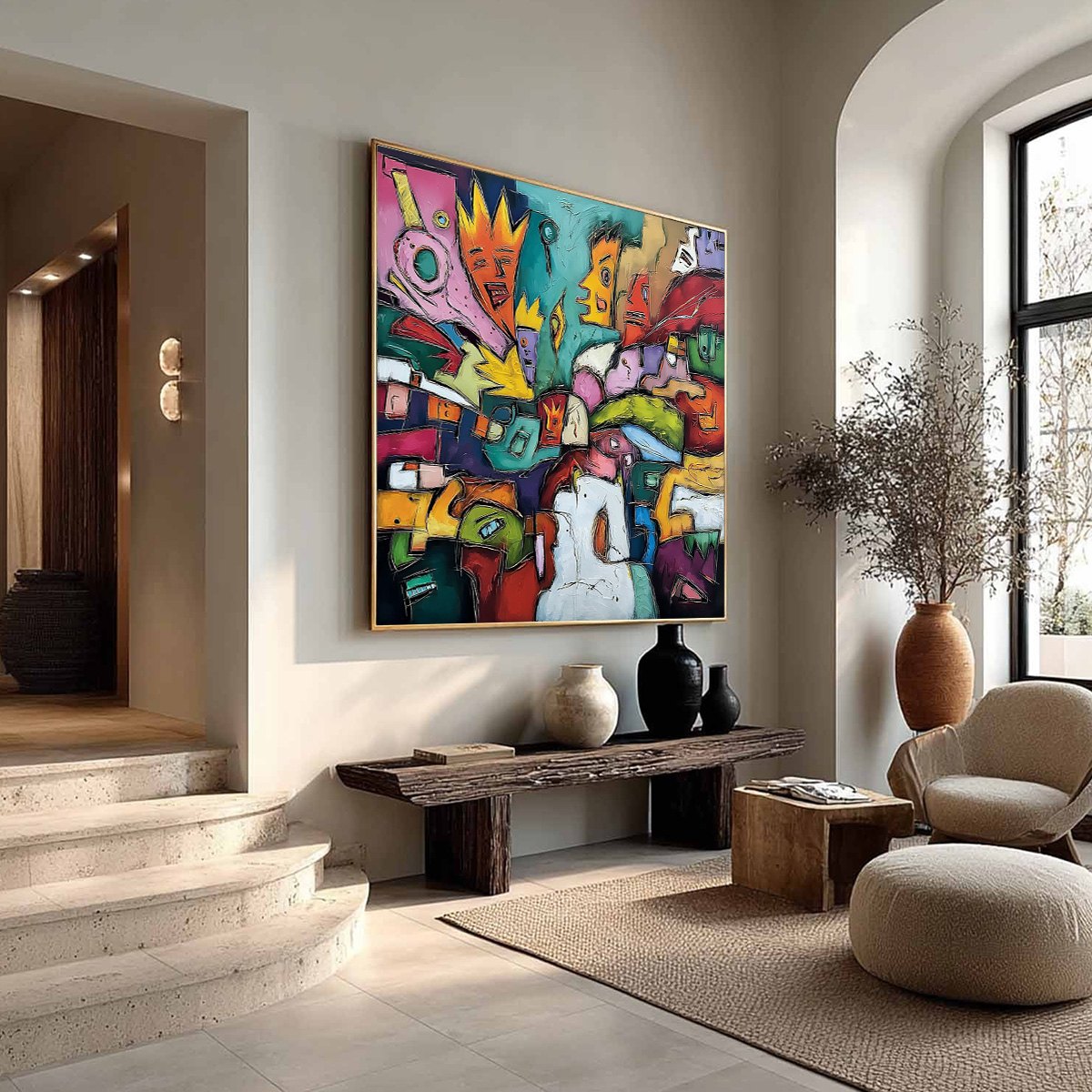 CARNIVAL OF KINGS: Vibrant Square Abstract Figurative Painting