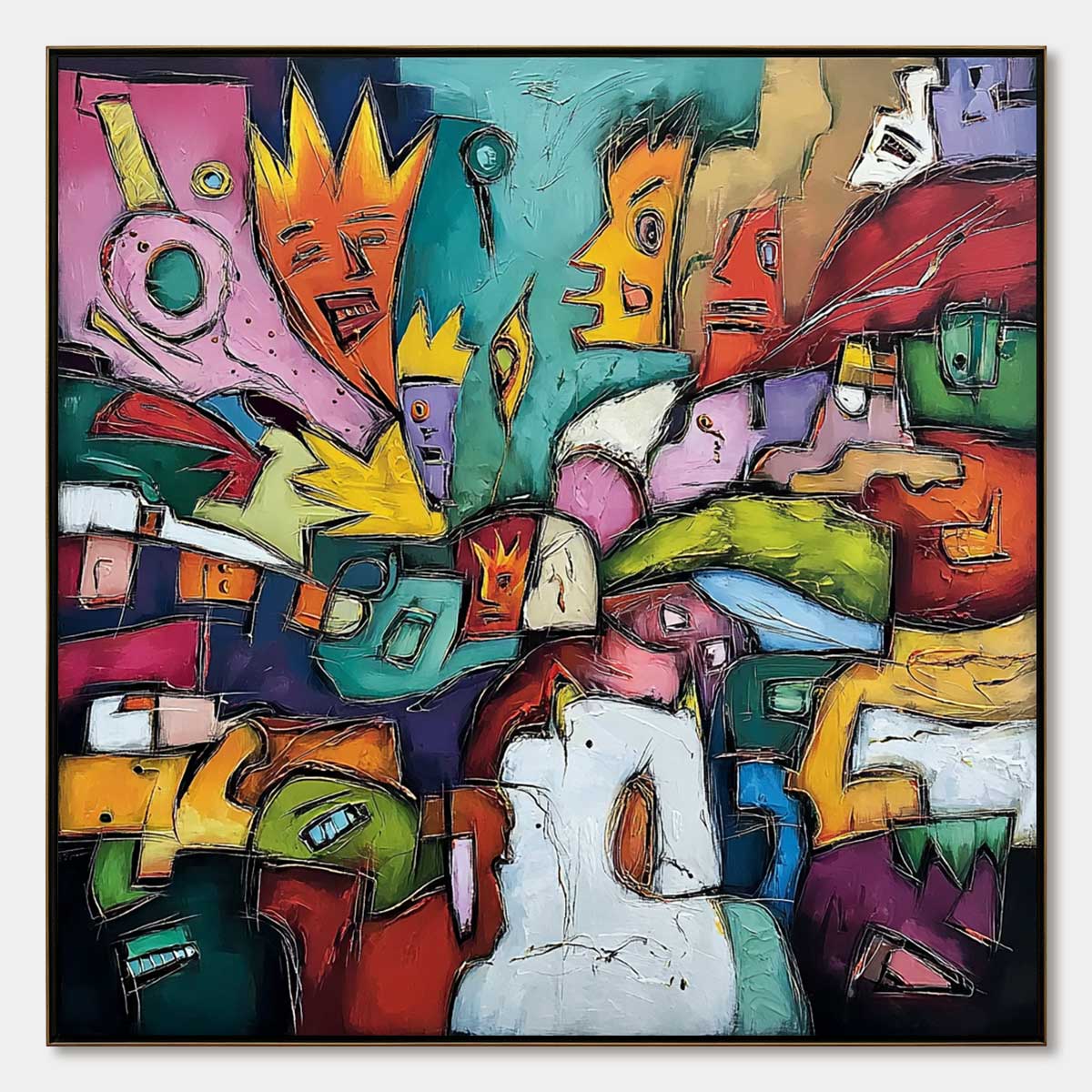 CARNIVAL OF KINGS: Vibrant Square Abstract Figurative Painting