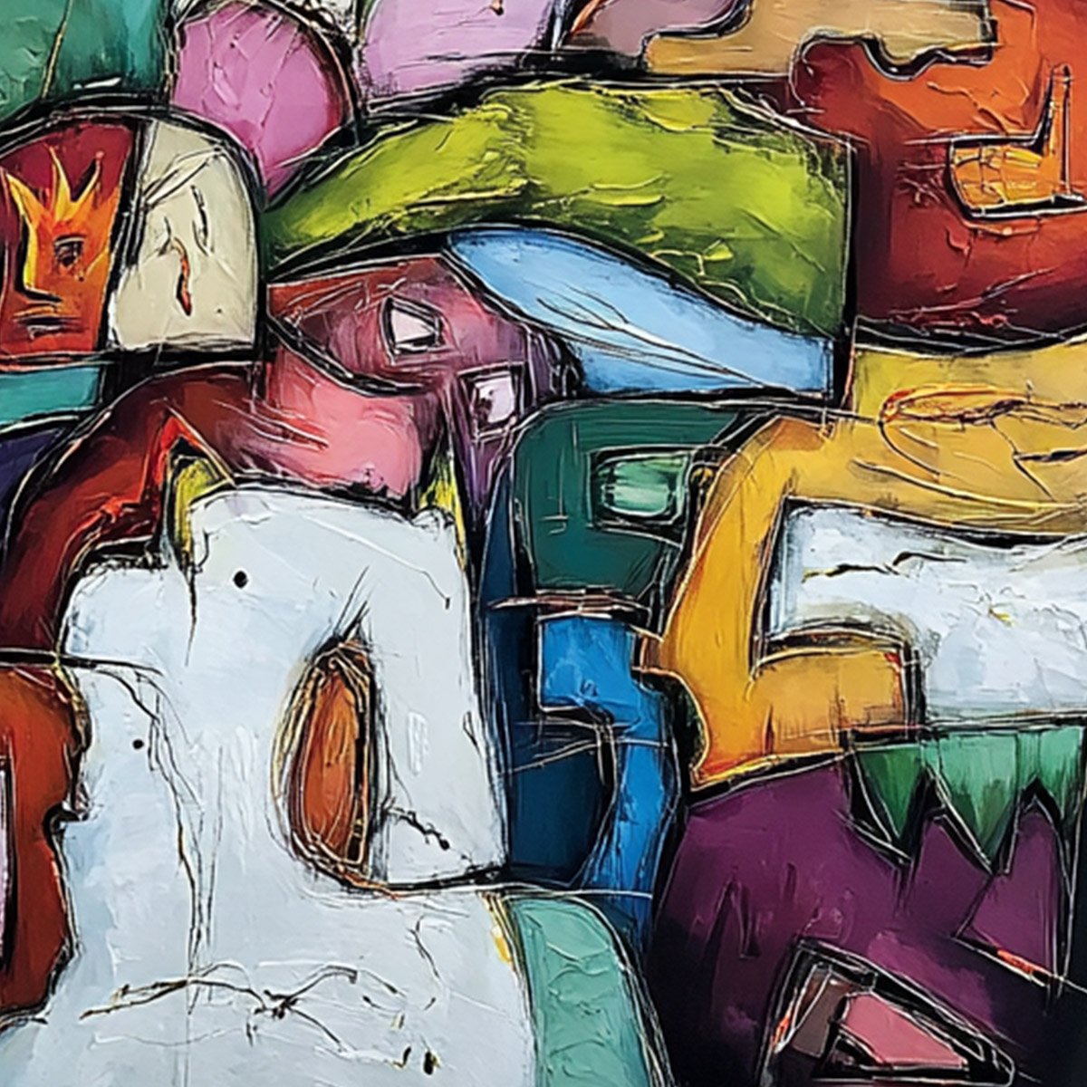 CARNIVAL OF KINGS: Vibrant Square Abstract Figurative Painting