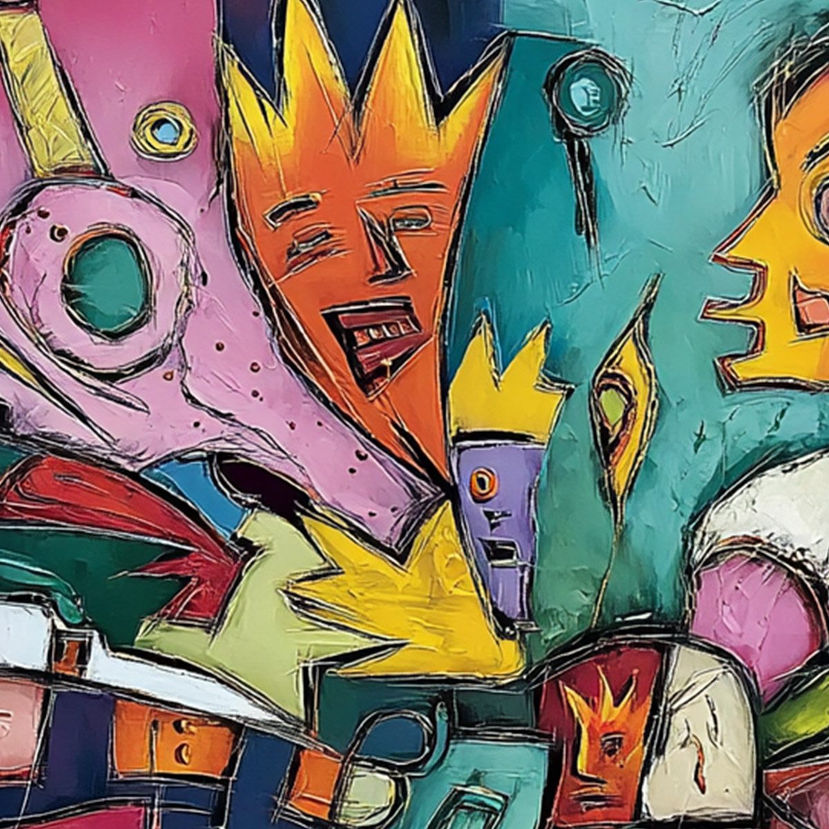 CARNIVAL OF KINGS: Vibrant Square Abstract Figurative Painting