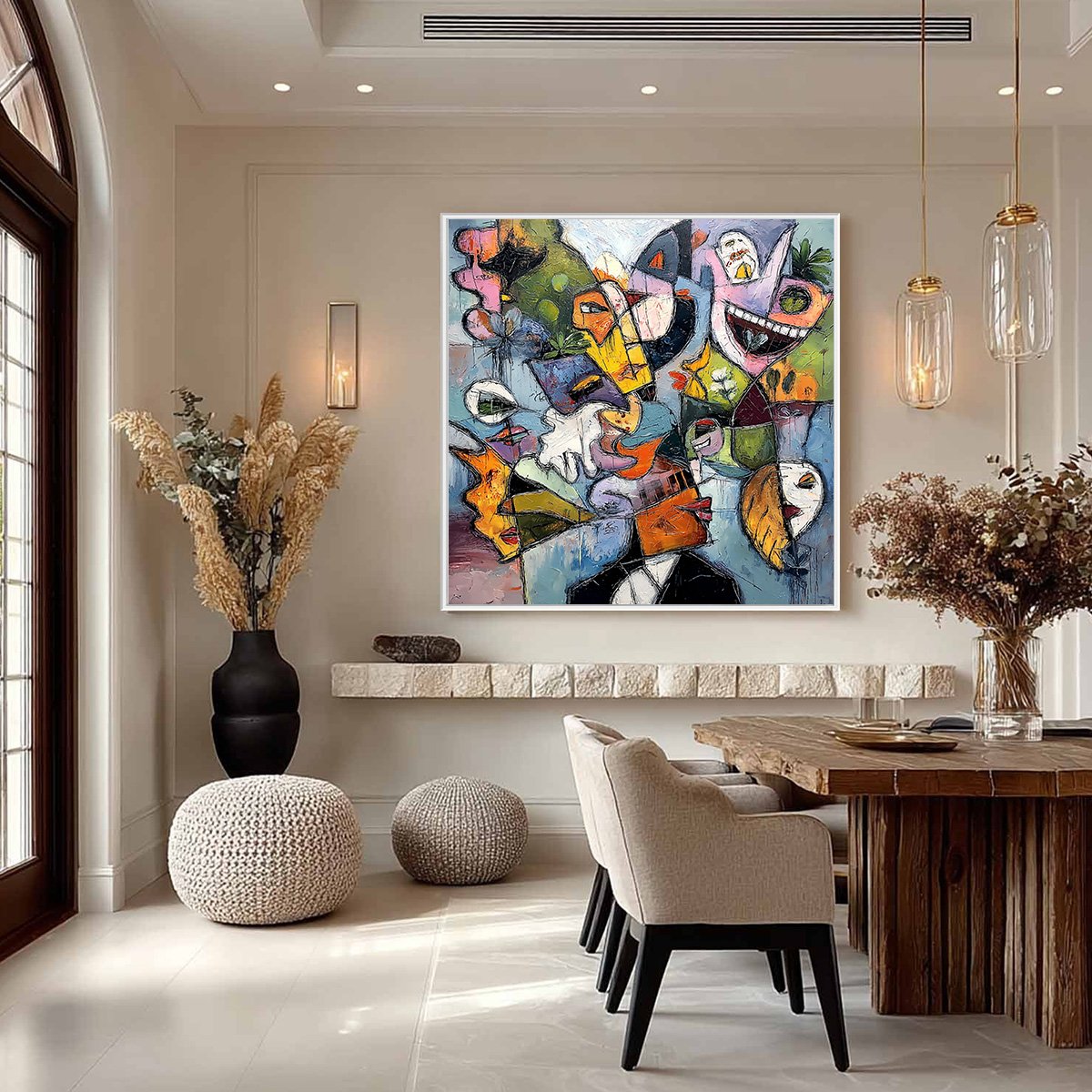 CARNIVAL OF SOULS: Large Colorful Abstract Faces Oil Painting