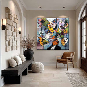 CARNIVAL OF SOULS: Large Colorful Abstract Faces Oil Painting