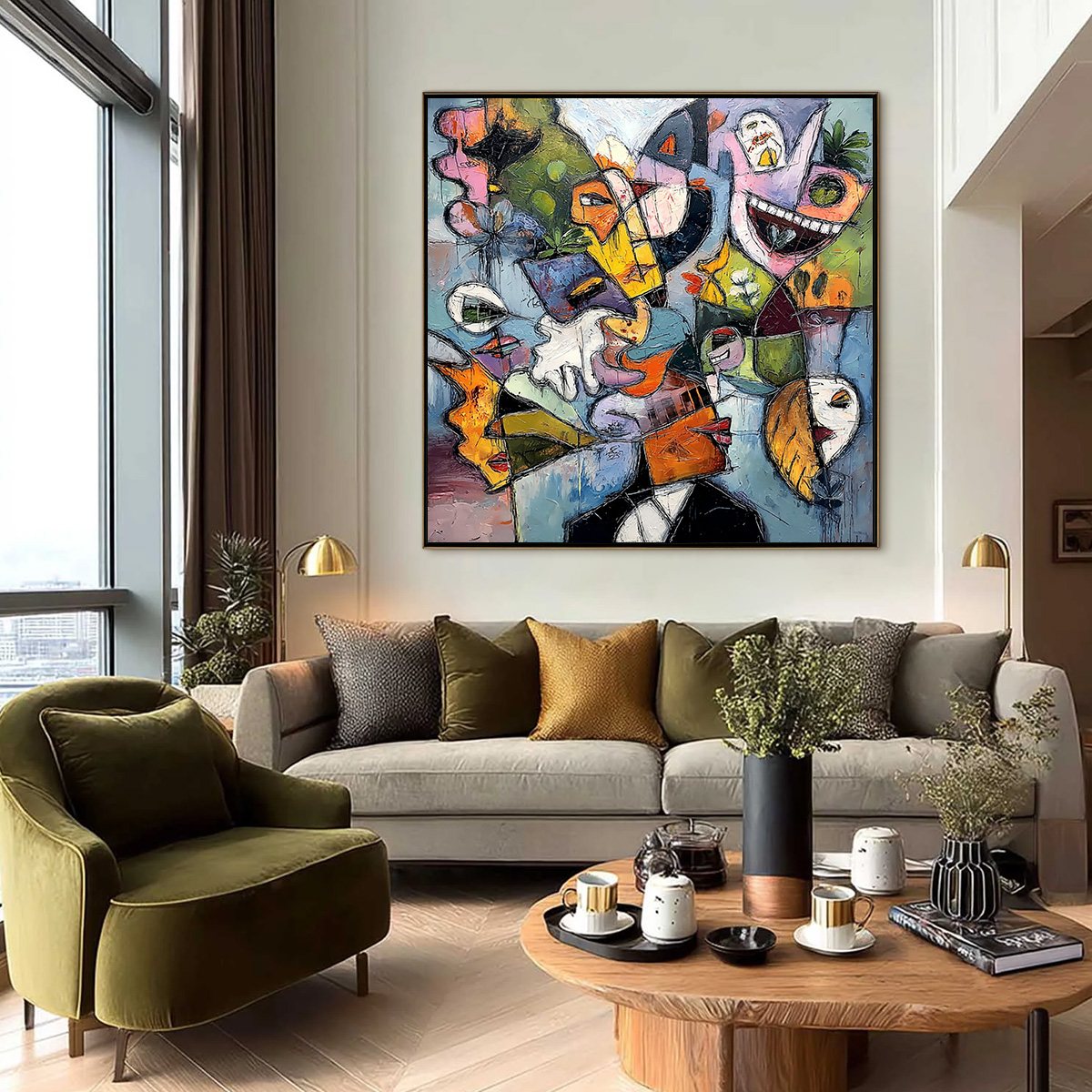 CARNIVAL OF SOULS: Colorful Abstract Faces Square Oil Painting