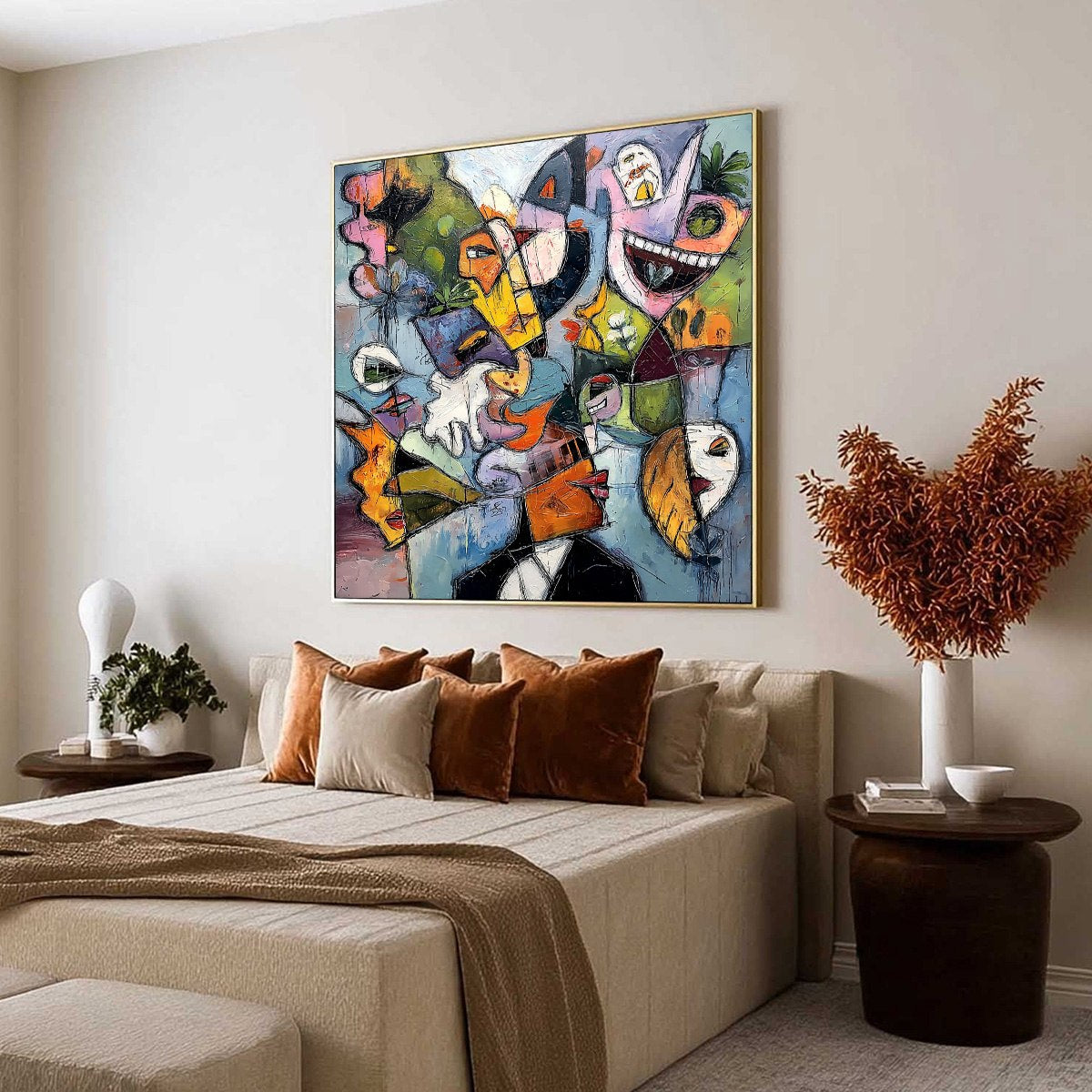 CARNIVAL OF SOULS: Colorful Abstract Faces Square Oil Painting