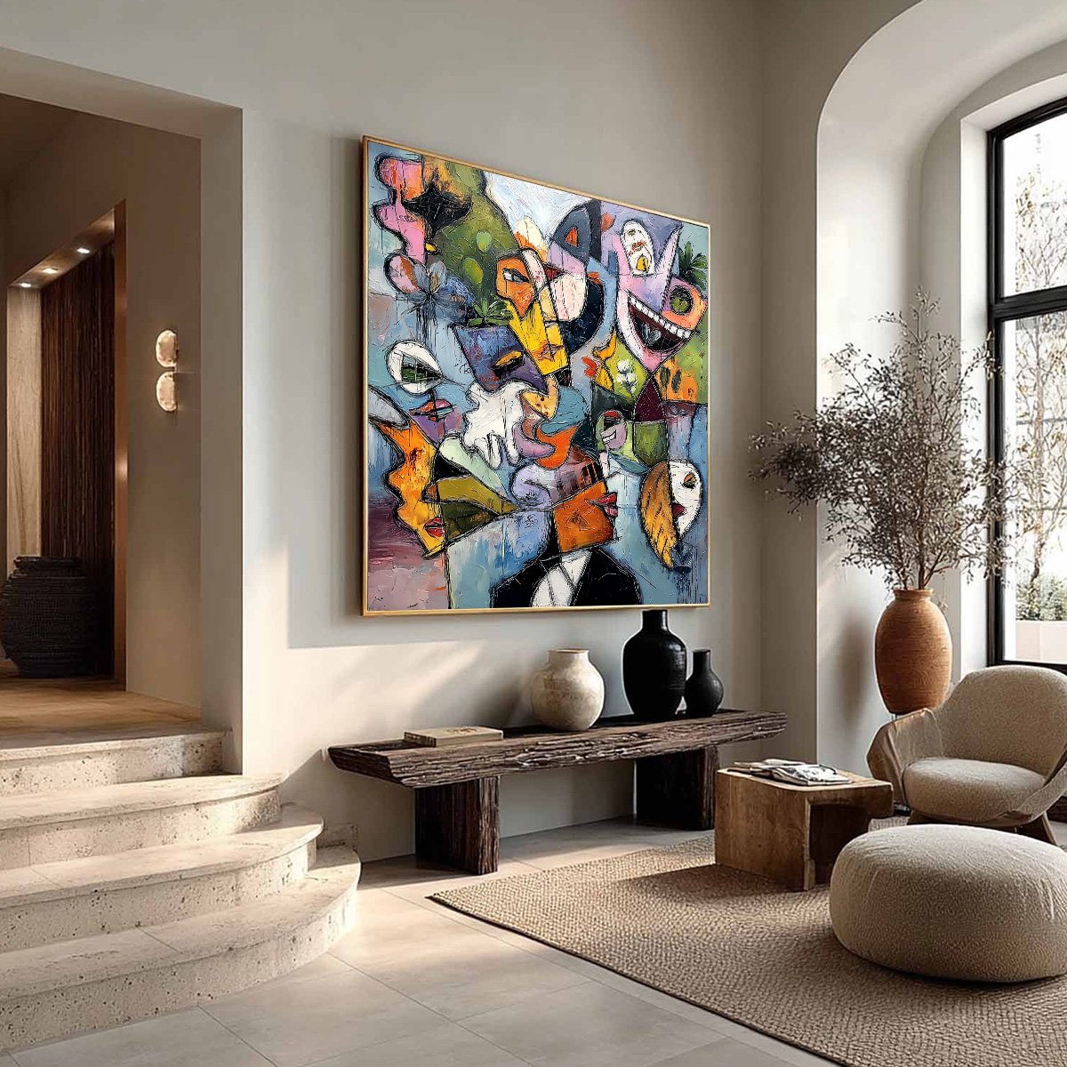 CARNIVAL OF SOULS: Colorful Abstract Faces Square Oil Painting