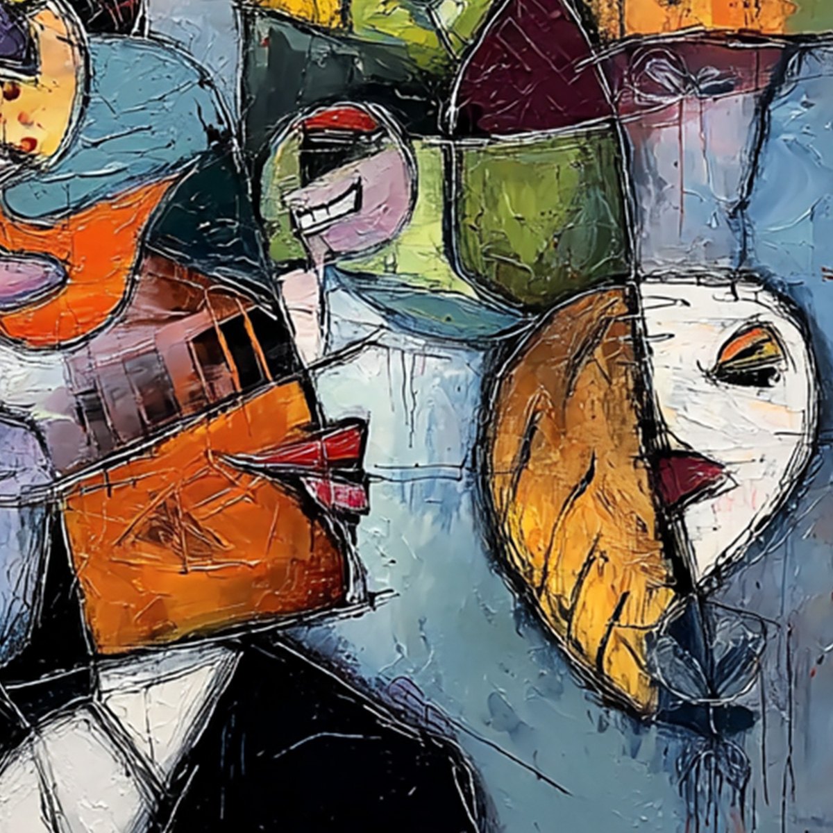 CARNIVAL OF SOULS: Colorful Abstract Faces Square Oil Painting