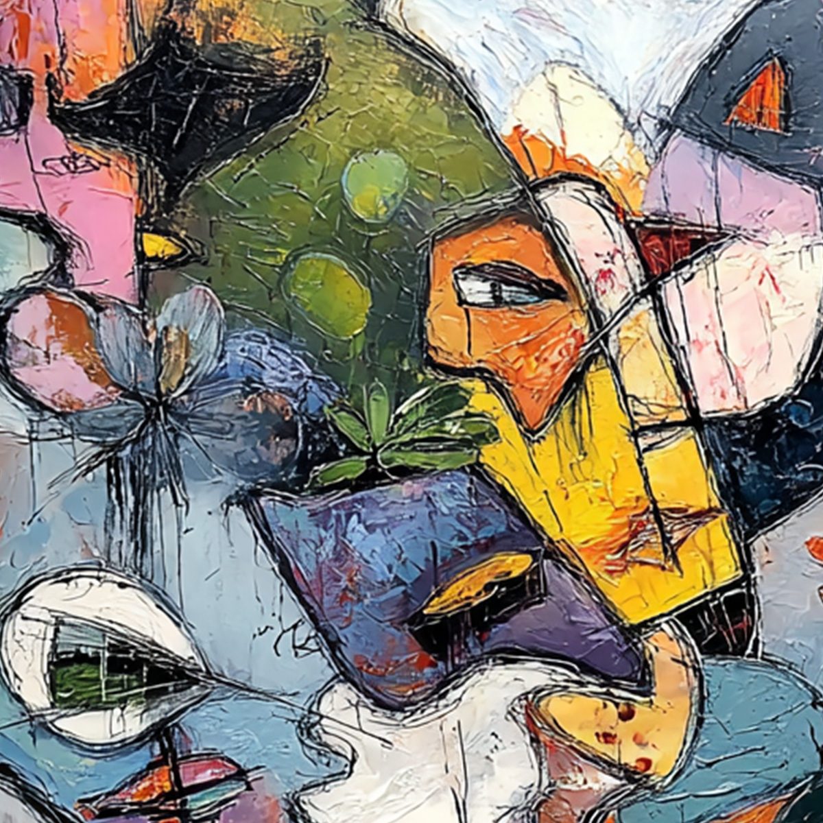 CARNIVAL OF SOULS: Large Colorful Abstract Faces Oil Painting