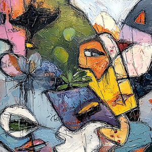 CARNIVAL OF SOULS: Large Colorful Abstract Faces Oil Painting
