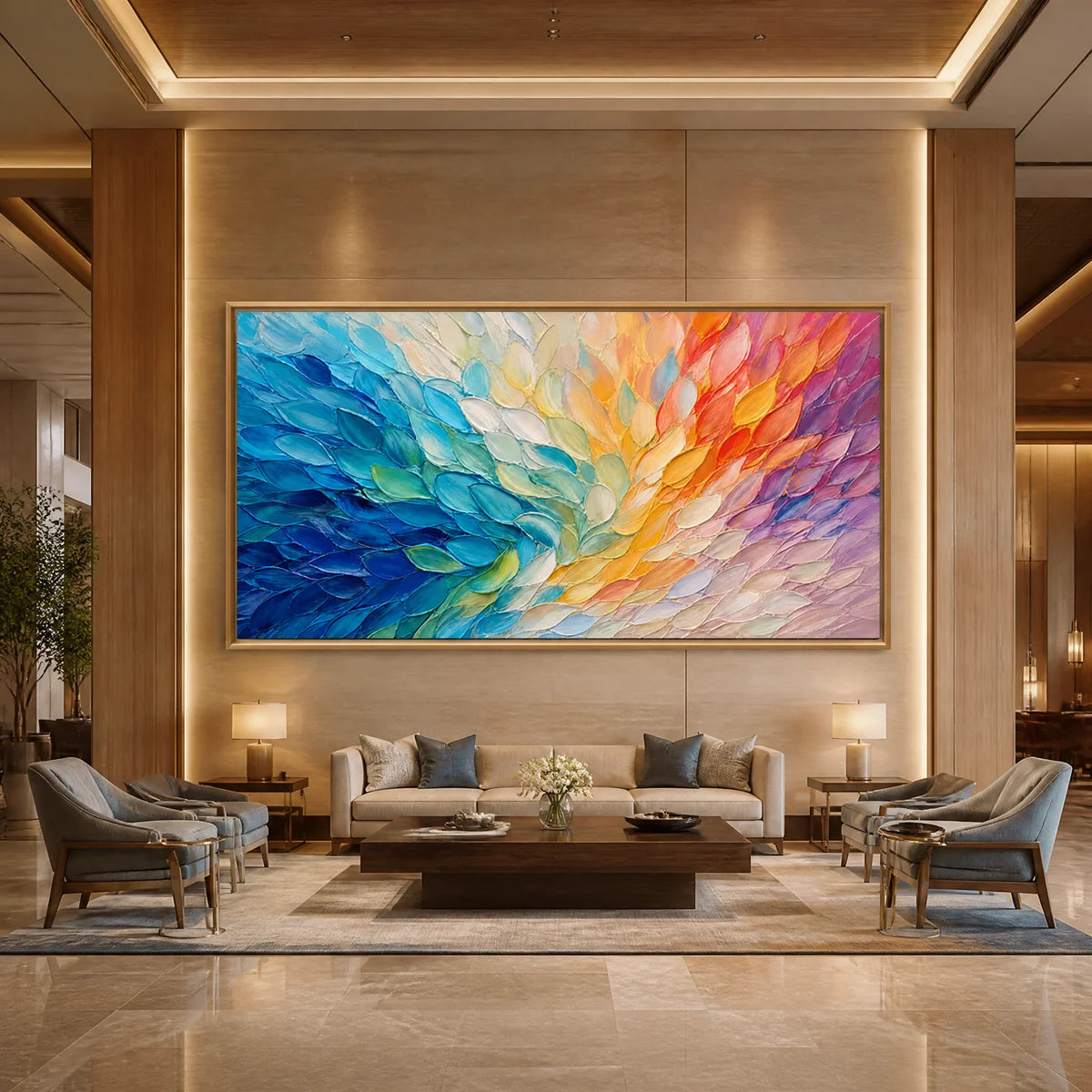 Colorful wing abstract wall art with feather-like texture in blue, orange, and pink tones in a wood frame displayed in a luxury hotel lobby.