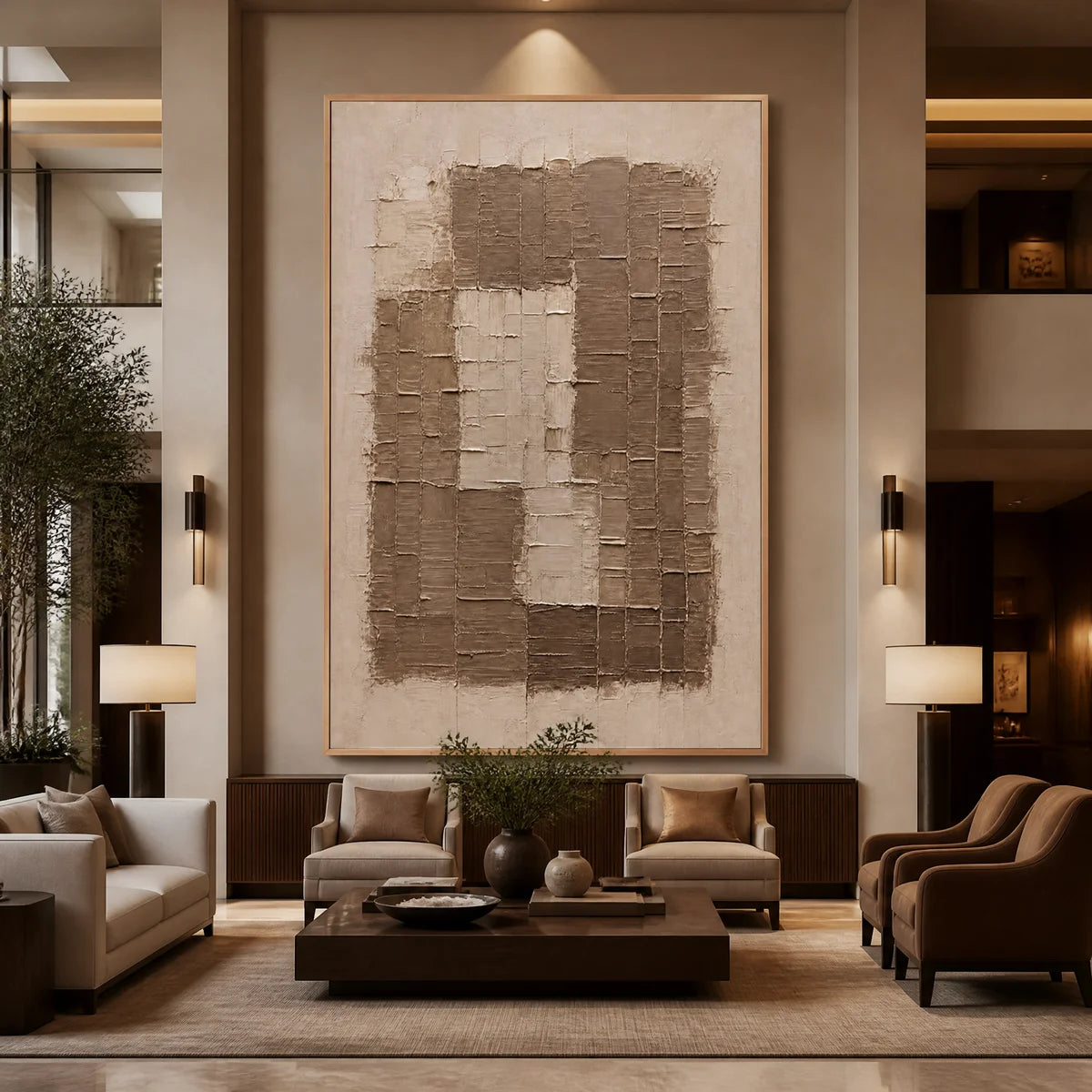 Beige relief texture painting with layered abstract blocks in gold frame displayed in a luxury hotel lobby.